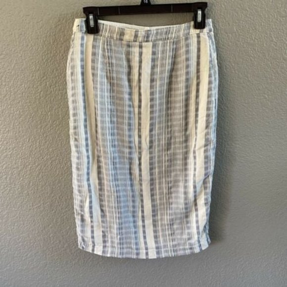 Abercrombie & Fitch Button Down Midi Pencil Skirt Cream Blue Striped linen - Picture 2 of 10